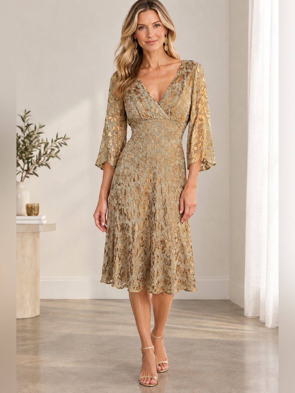 ECI Metallic Gold Beaded burnout velvet Midi Dress